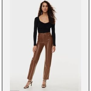 Aritzia Wilfred Melina Vegan Leather Pant Brown High-Waisted Straight Leg Sz 0